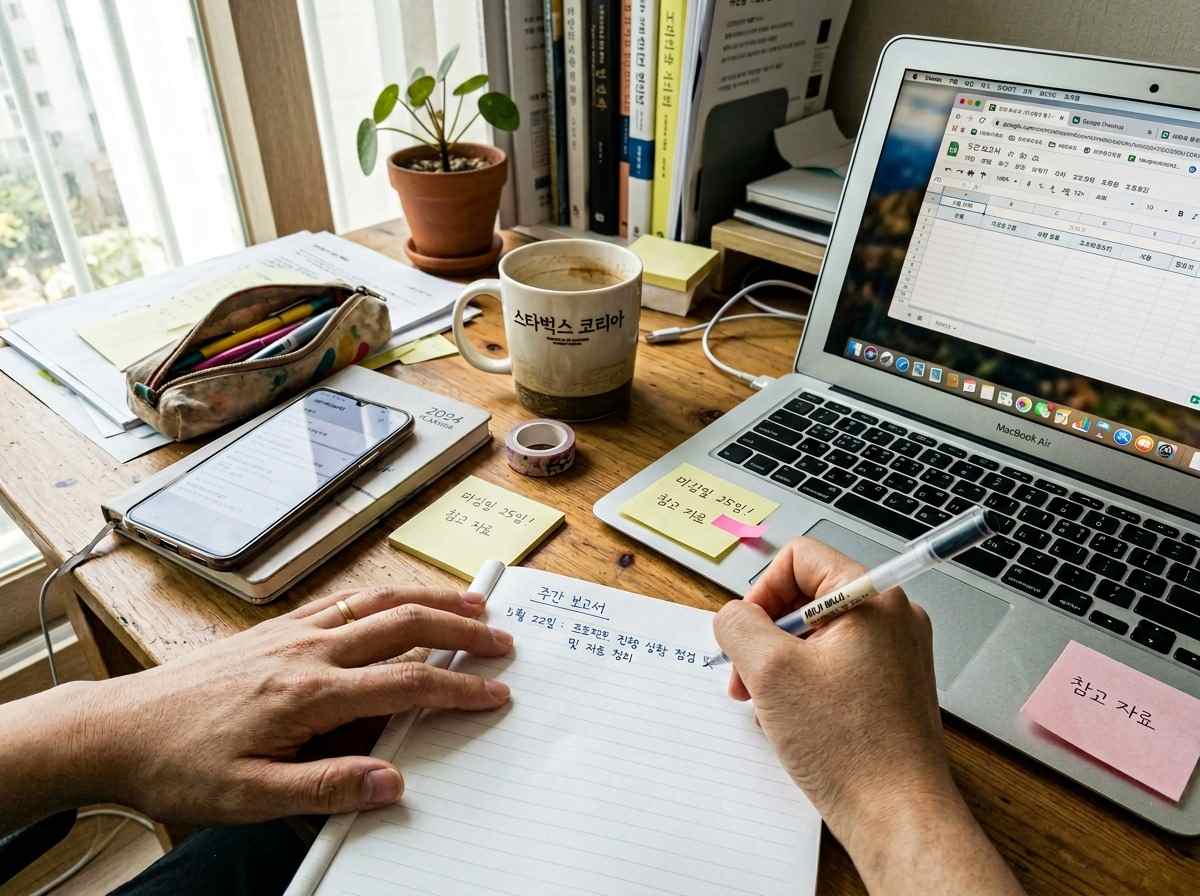 책상 위에 놓인 노트북과 서류들, 그리고 펜을 들고 무언가를 작성하고 있는 한국인 손