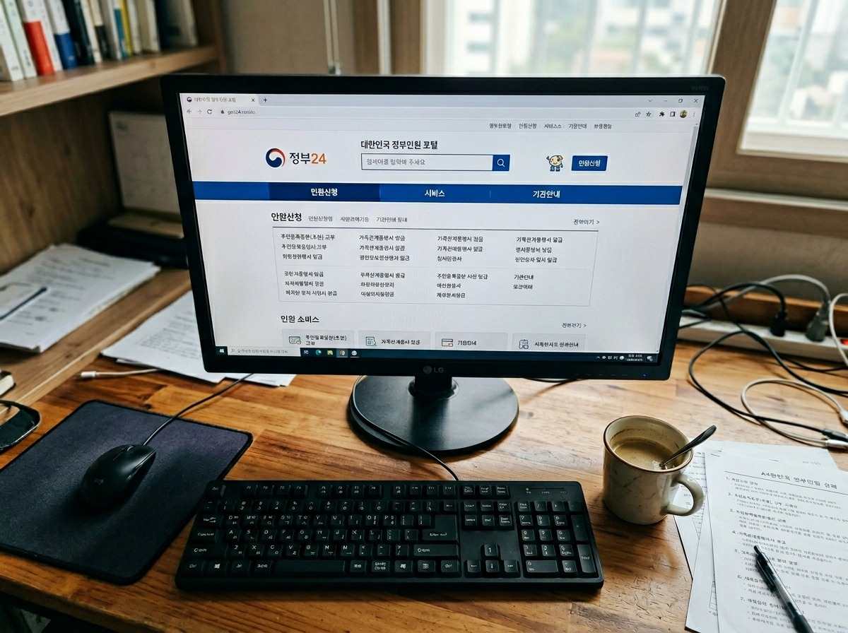 컴퓨터 화면에 정부24 웹사이트가 열려 있는 모습