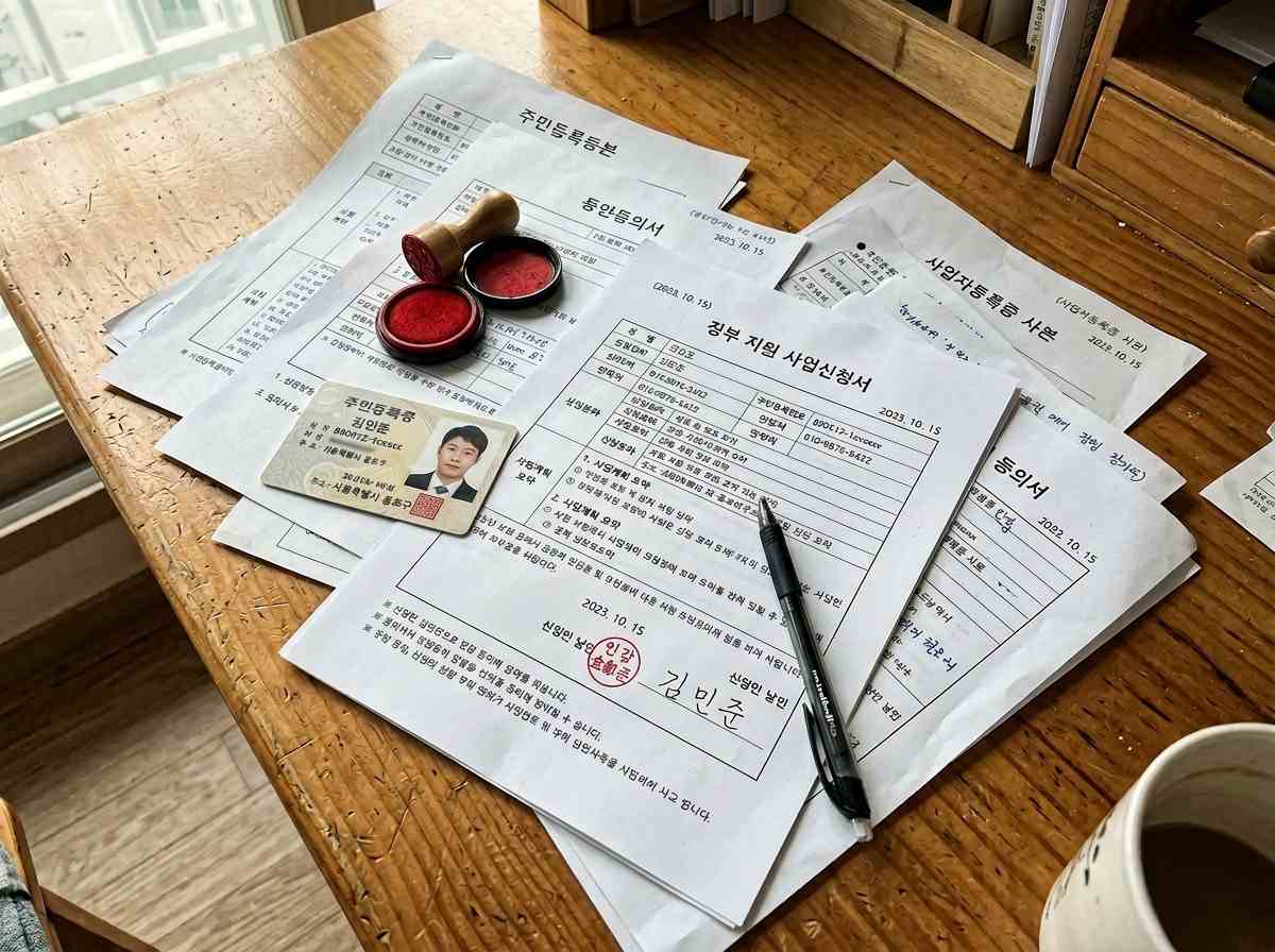 책상 위에 여러 정부 지원금 신청 서류와 신분증, 도장이 놓여 있는 모습