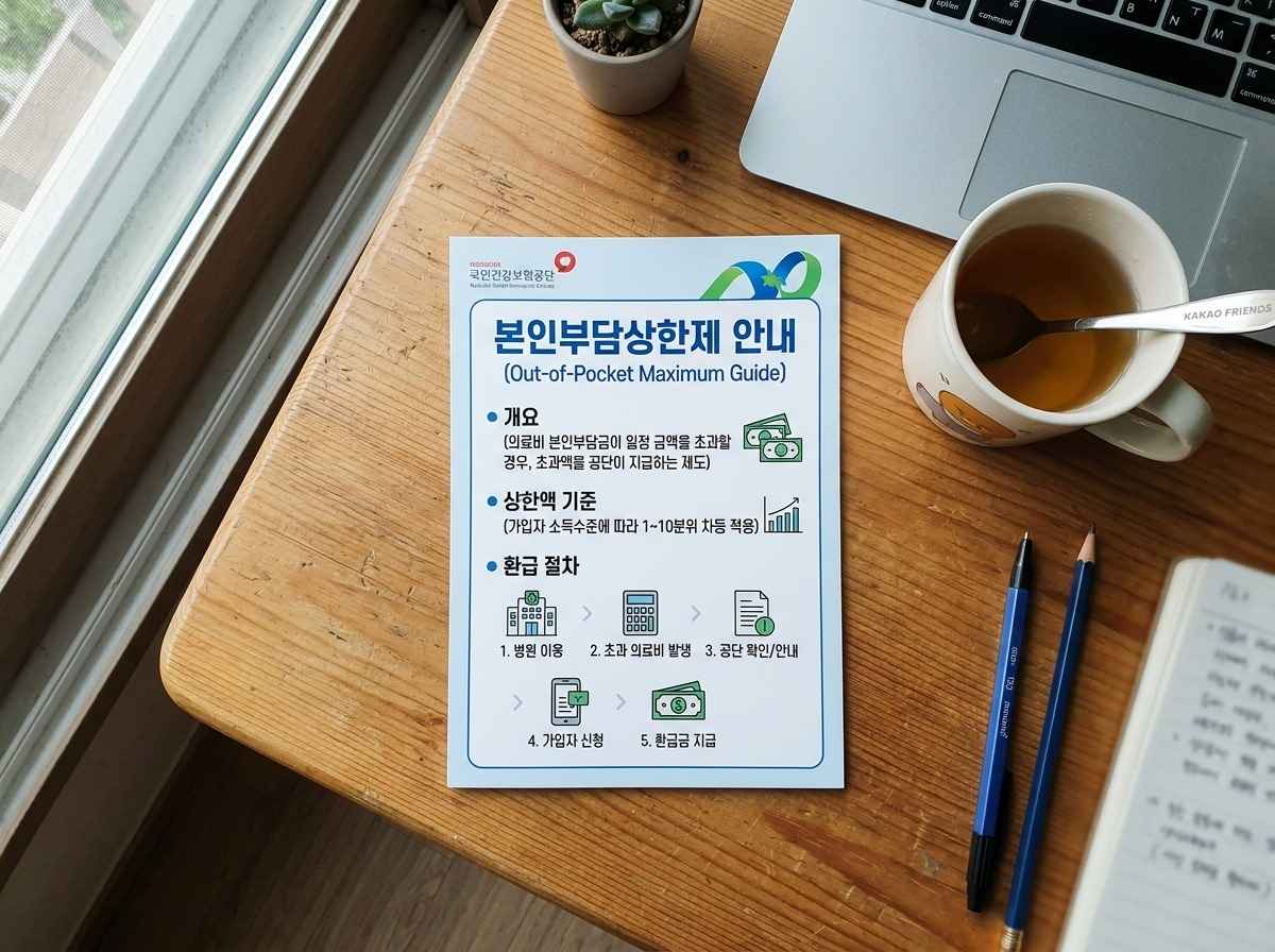 국민건강보험공단 로고와 함께 본인부담상한제 제도 설명 텍스트가 있는 그래픽