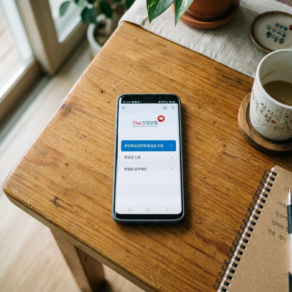 스마트폰 화면에 'The건강보험' 앱이 열려있고, 본인부담상한제 환급금 조회 메뉴가 보이는 모습