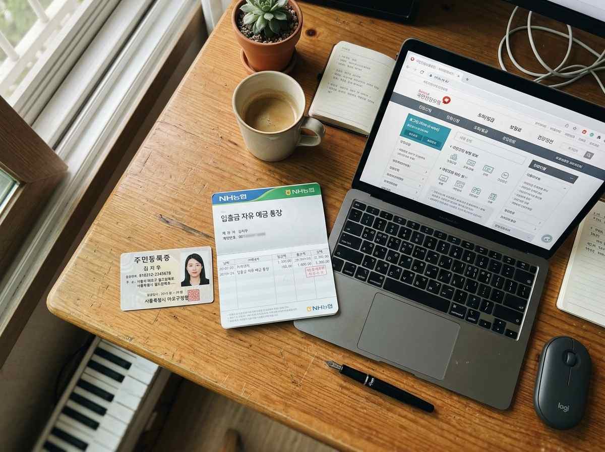 책상 위에 놓인 신분증, 통장, 그리고 컴퓨터 화면에 보이는 국민건강보험공단 웹사이트