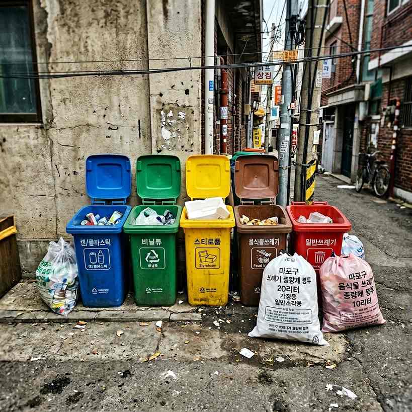 한국 서울의 한 동네 골목길에 설치된 쓰레기 분리수거함과 그 옆에 놓인 지역별 종량제 봉투