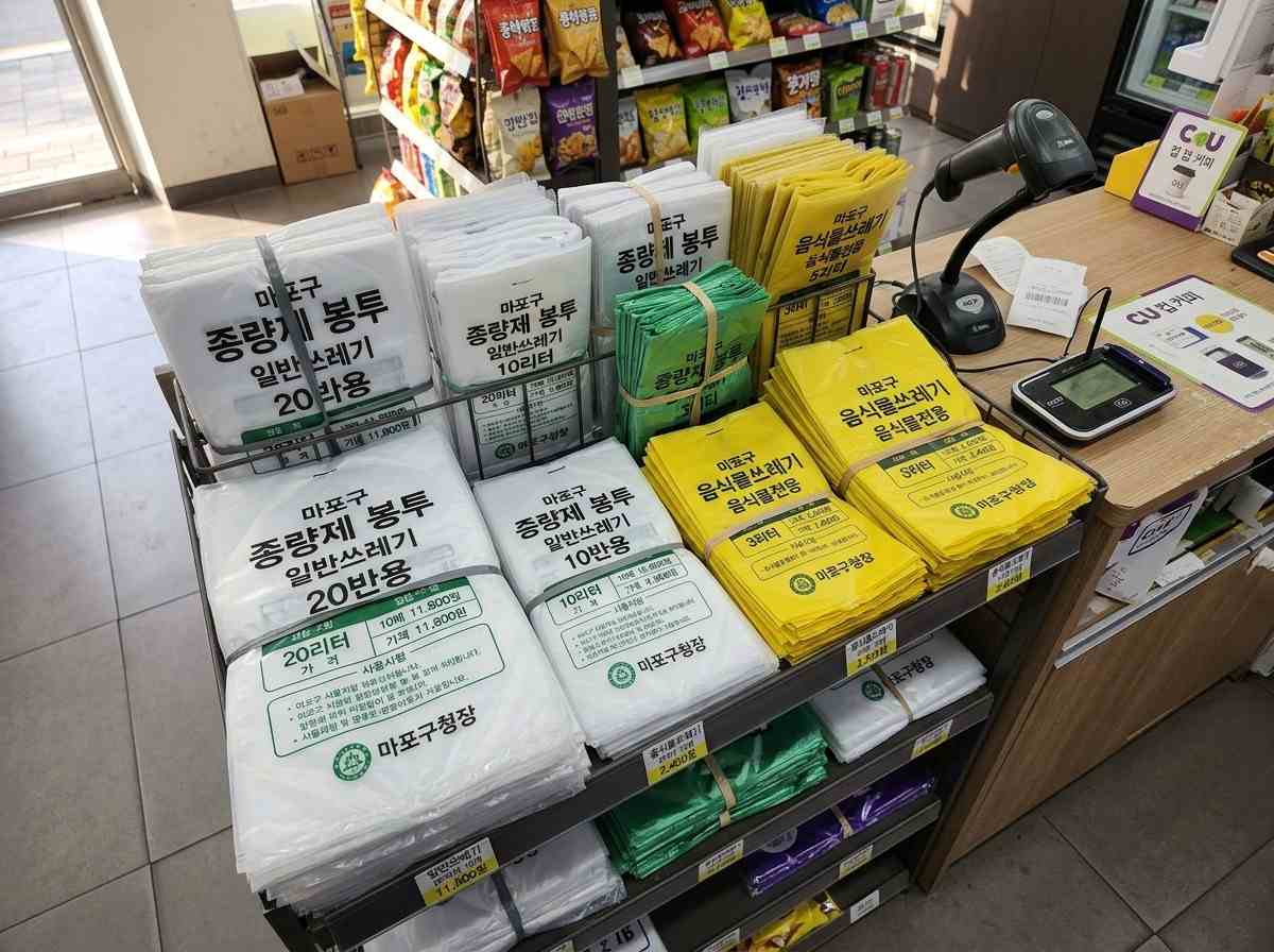 한국 편의점 카운터 옆에 진열된 여러 종류의 쓰레기 종량제 봉투들