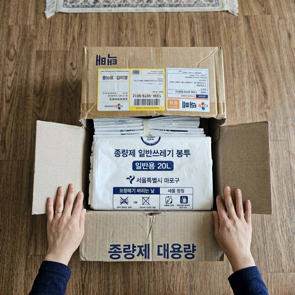 한국의 한 가정집에서 택배 박스를 열어 종량제 봉투를 꺼내는 모습