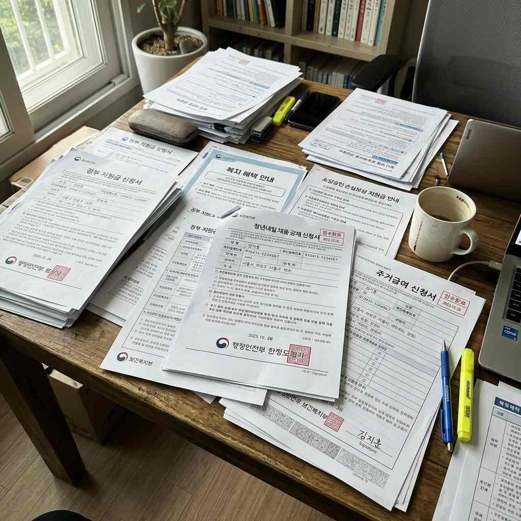 다양한 정부 지원금 관련 안내문이 쌓여 있는 책상