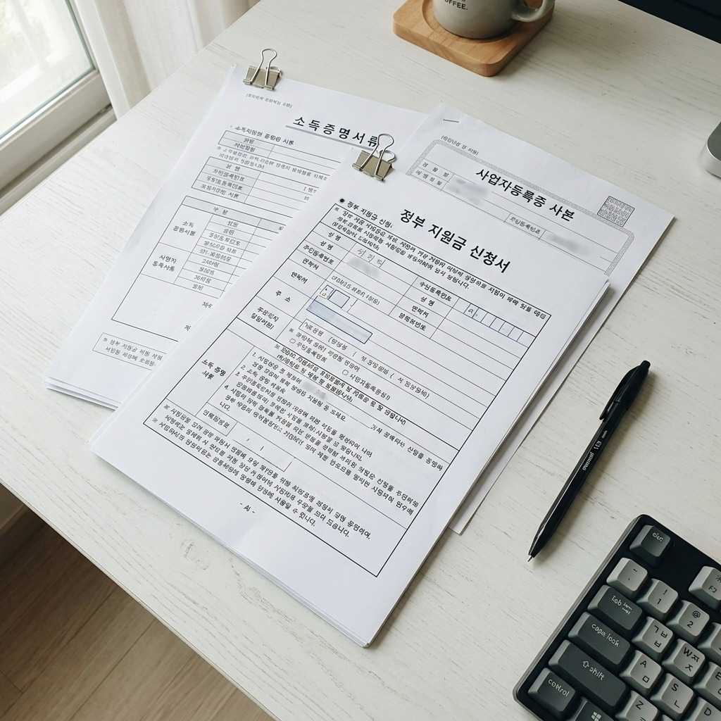 다양한 정부 지원금 신청 서류들이 깔끔하게 정리된 모습