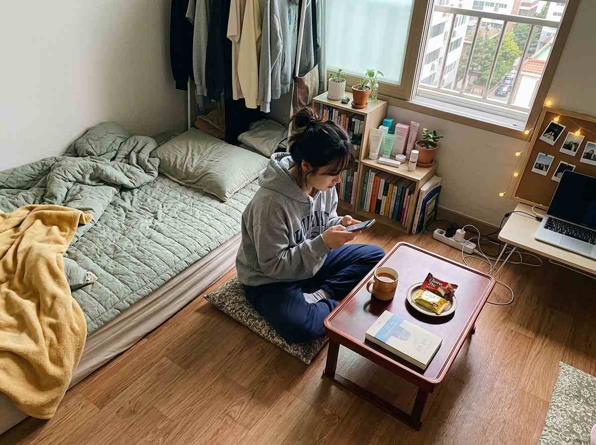 한국 청년이 서울의 작은 원룸에서 편안하게 생활하는 모습