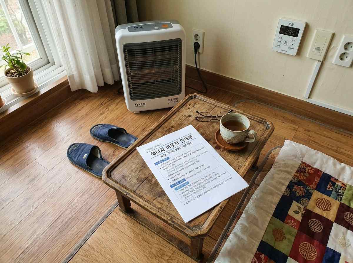 한국의 한 가정집에서 겨울철 난방기구와 함께 에너지 바우처 안내문이 놓여 있는 모습