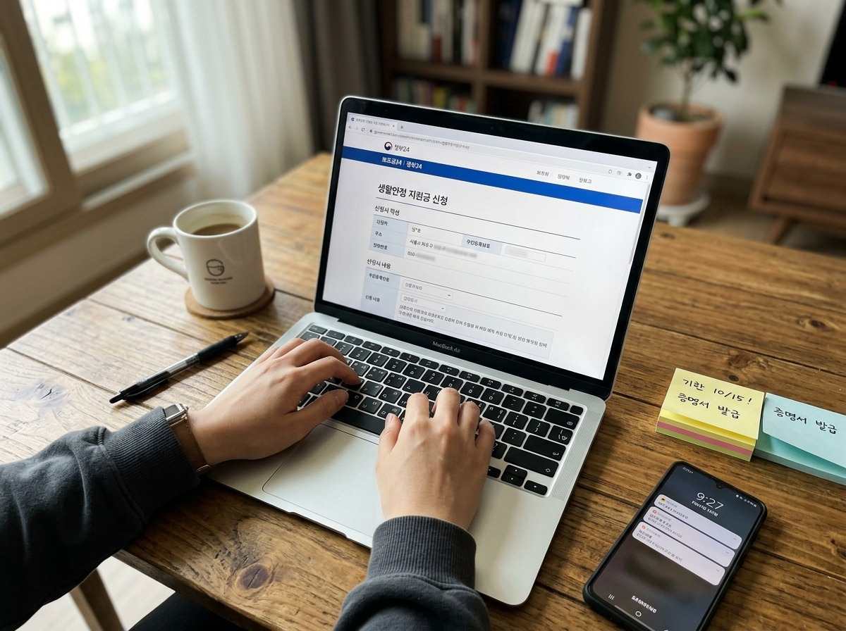 한국 정부24 웹사이트에서 지원금 신청서를 작성하는 모습