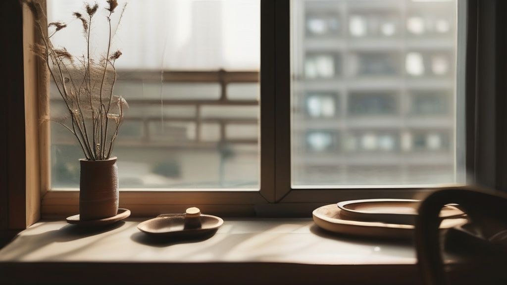 한국인 주부가 아침 햇살을 받으며 시계를 보고 있는 모습