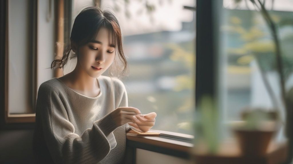 한국 가정집 침실에서 아침 햇살을 받으며 일어나는 한국인 여성