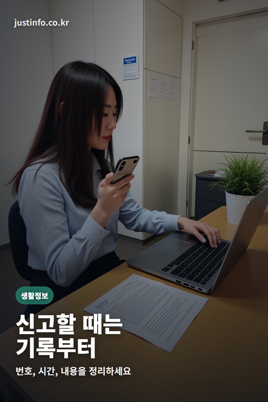 불법 스팸 전화를 신고하기 위해 노트북과 스마트폰을 확인하는 장면