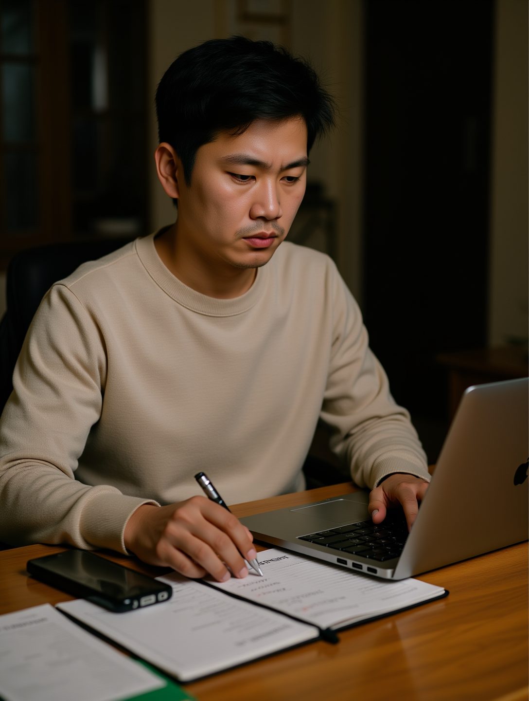 2026년 7월 저녁, 청년이 노트북에서 청년미래적금 계좌개설 기간을 확인하고 달력에 8월 7일 마감일을 표시하는 장면, 옆에 스마트폰과 체크리스트가 놓인 모습
