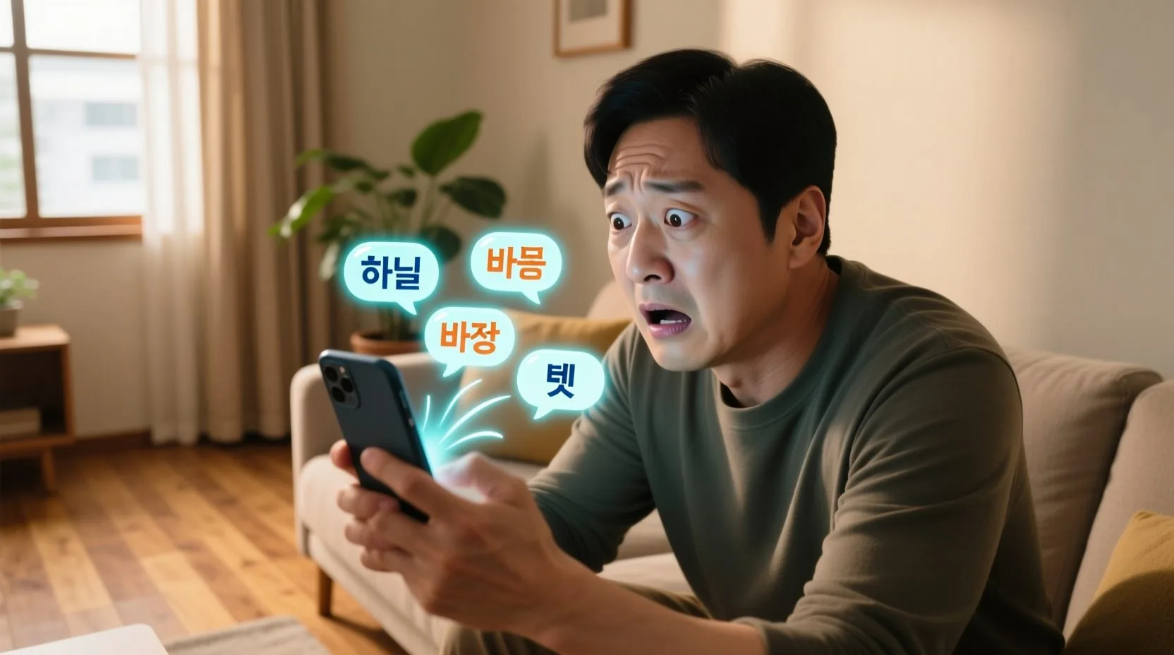 스마트폰으로 끝말잇기 게임 중 나트륨 공격을 받은 순간의 당황한 표정