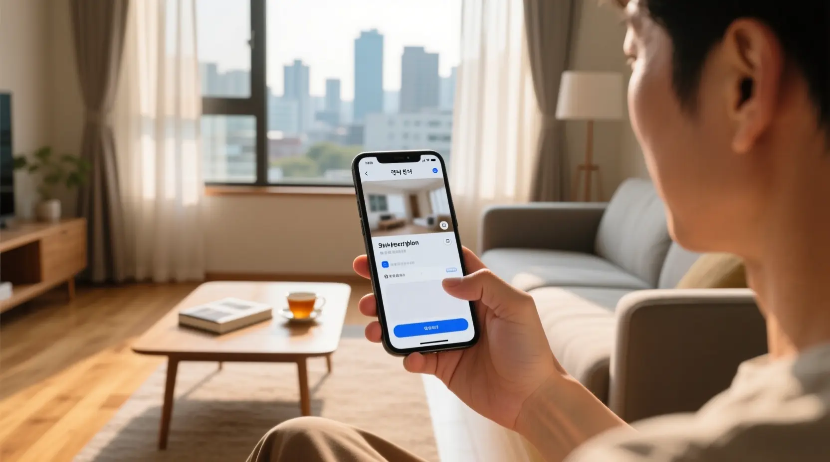 휴대폰 화면에서 청약 정보를 확인하는 손