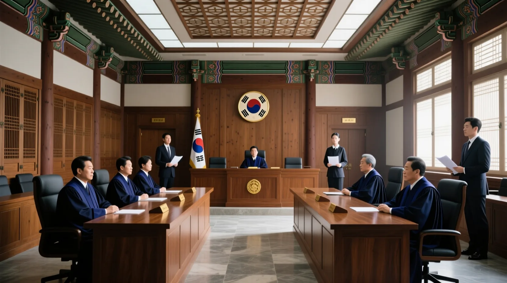 법원 건물의 엄격한 분위기의 법무 심의 장면