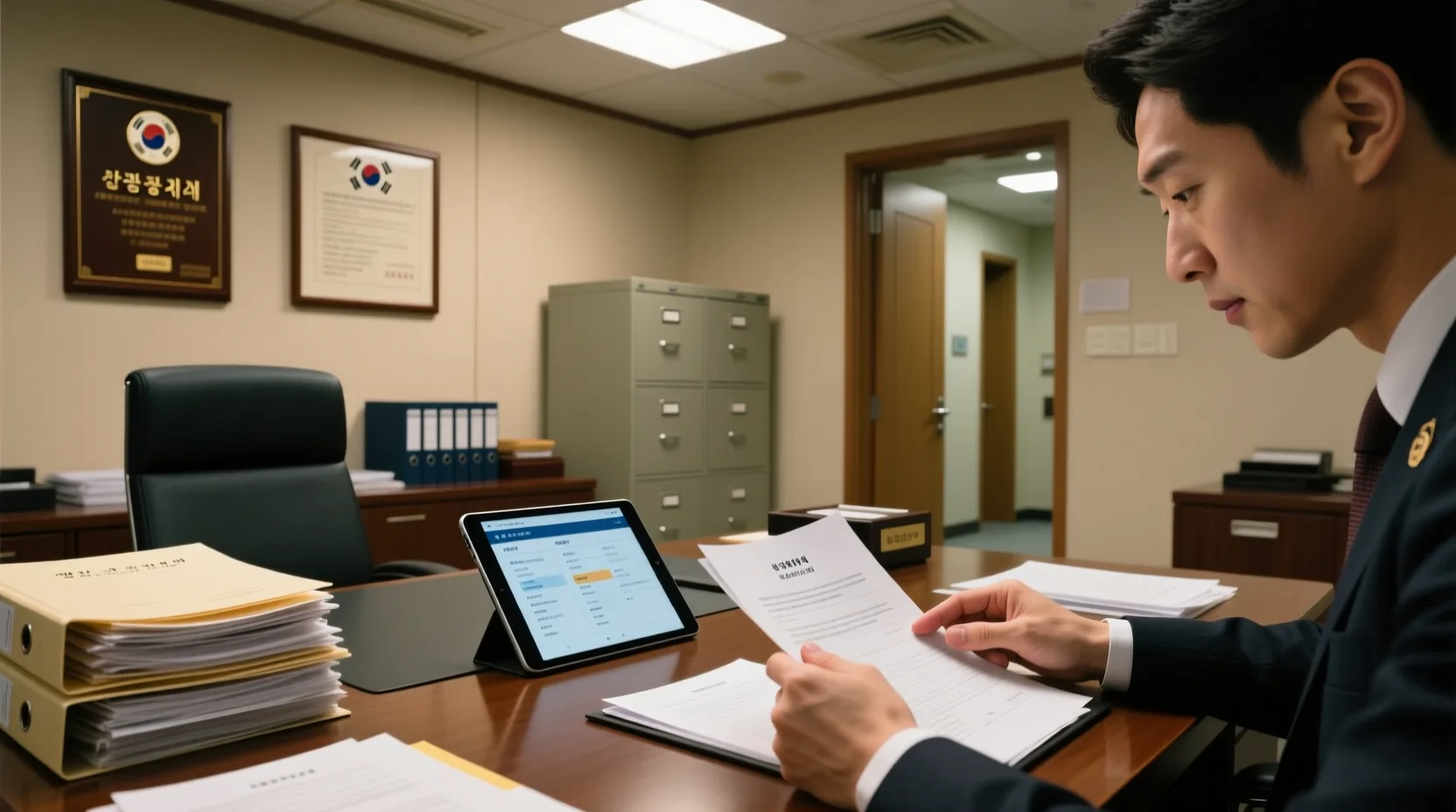 검찰청 사무실에서 서류를 검토하는 손