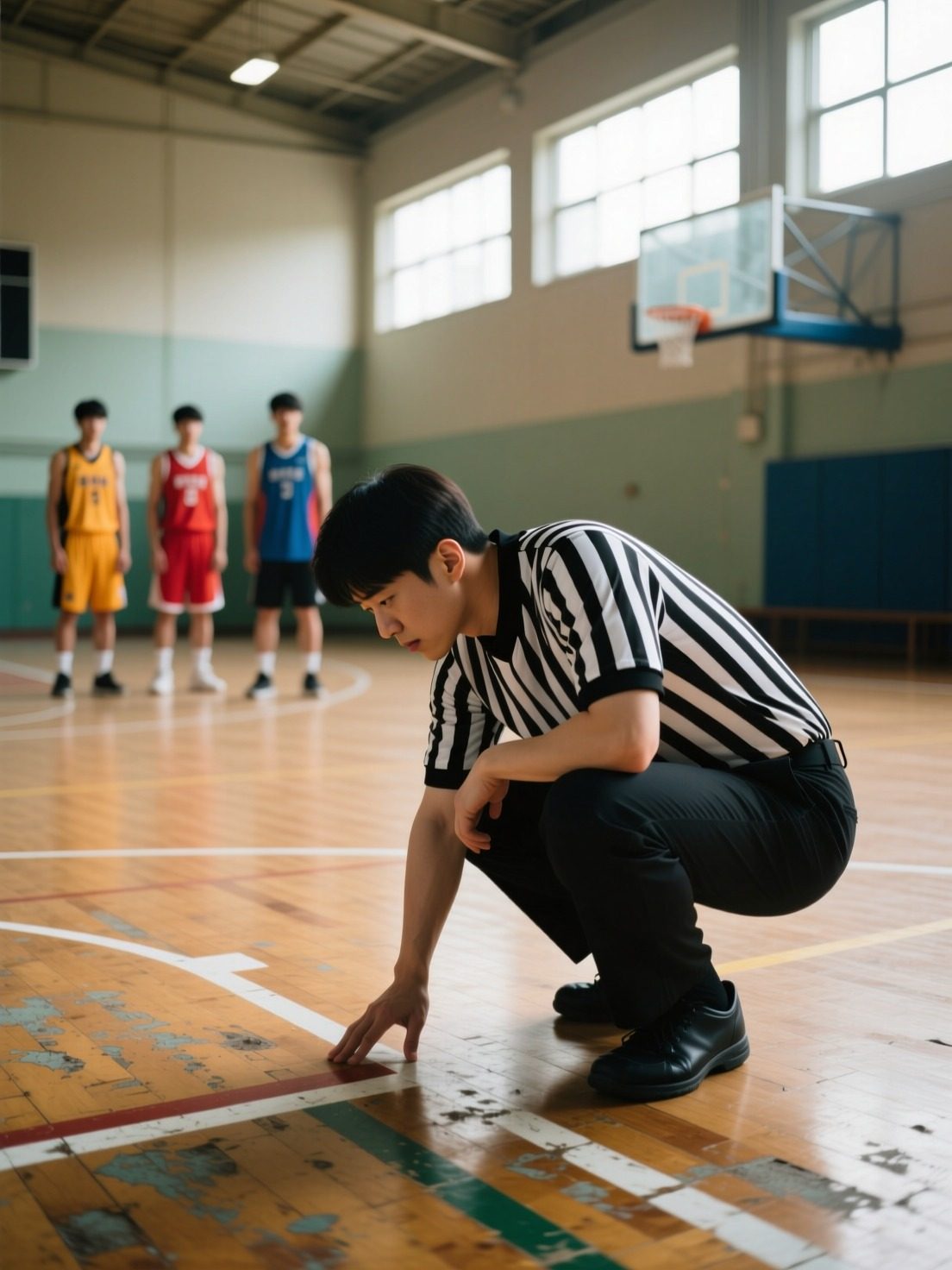 농구 코트에서 심판이 경계선을 살펴보며 판정을 고민하는 모습